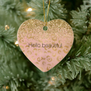 Girly Peach Gold Leopard Glitter Keramisch Ornament