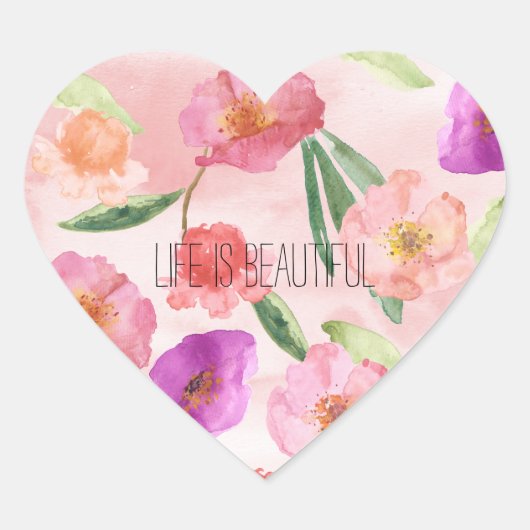 Girly Peach Pink Paarse Floral Waterverf Hart Sticker (Voorkant)