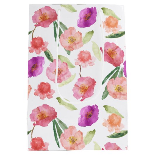 Girly Peach Pink Paarse Floral Waterverf Medium Cadeauzakje (Achterkant)