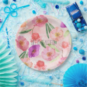 Girly Peach Pink Paarse Floral Waterverf Papieren Bordje (Feest)