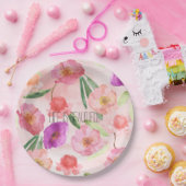 Girly Peach Pink Paarse Floral Waterverf Papieren Bordje (Feest)
