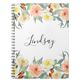 Girly Peach Waterverf Flowers Monogrammed Notitieboek