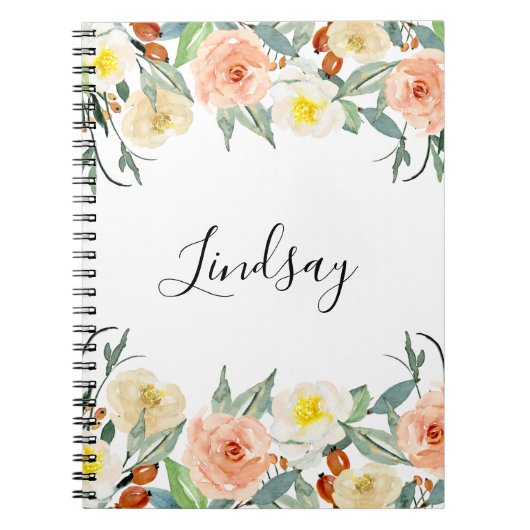 Girly Peach Waterverf Flowers Monogrammed Notitieboek (Voorkant)