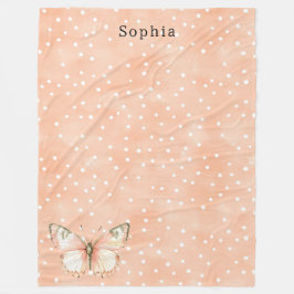 Girly Peach White Dots Butterfly   Fleece Deken