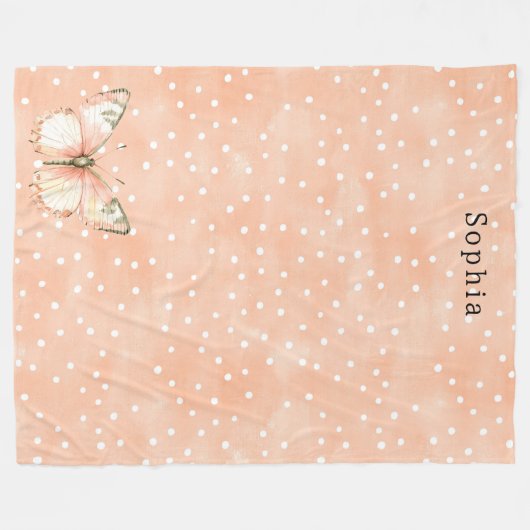 Girly Peach White Dots Butterfly   Fleece Deken (Voorkant (Horizontaal))