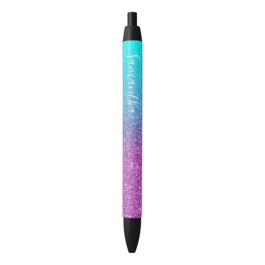 Girly Personalized Aqua Paars Ombre Glitter Zwarte Inkt Pen (Voorkant Verticaal)