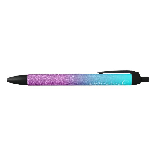 Girly Personalized Aqua Paars Ombre Glitter Zwarte Inkt Pen (Bovenkant)