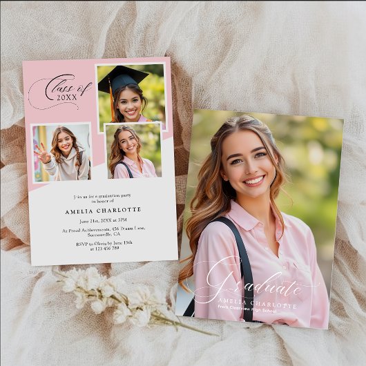 Girly Photo Collage Modern Graduation Party Kaart