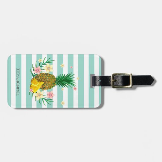 Girly Pineapple Flowers Mint White Stripes Bagagelabel (Voorkant horizontaal)