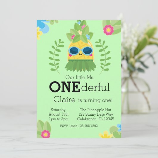 Girly Pineapple mevrouw Onederful First Invitation Kaart (Staand voorkant)