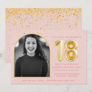 Girly Pink 18th Birthday Gold Balloon Confetti Kaart