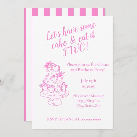Girly Pink 2nd Birthday Invitation - Cake Theme  Kaart (Voorkant / Achterkant)