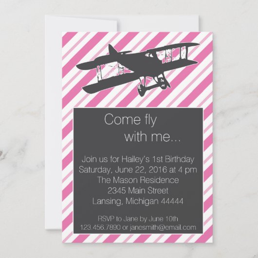 Girly Pink  Airplane Birthday Invite Kaart (Voorkant)
