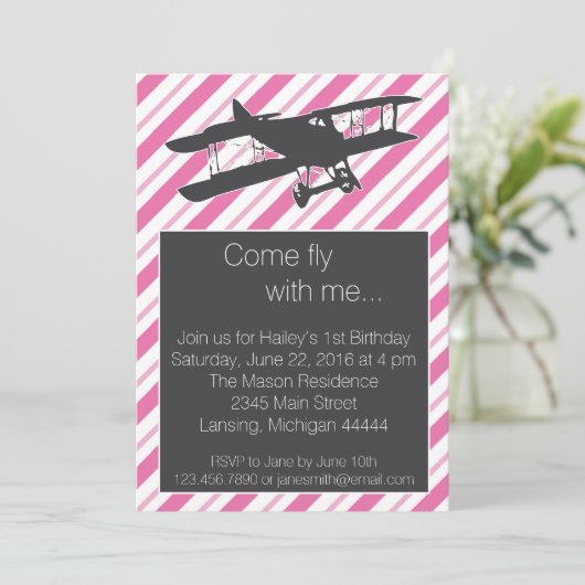 Girly Pink  Airplane Birthday Invite Kaart (Staand voorkant)