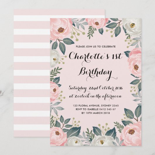 Girly Pink & Alabaster Floral Peony Birthday Party Kaart (Voorkant / Achterkant)