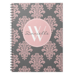 Girly Pink and Grey Damask Monogram Notitieboek