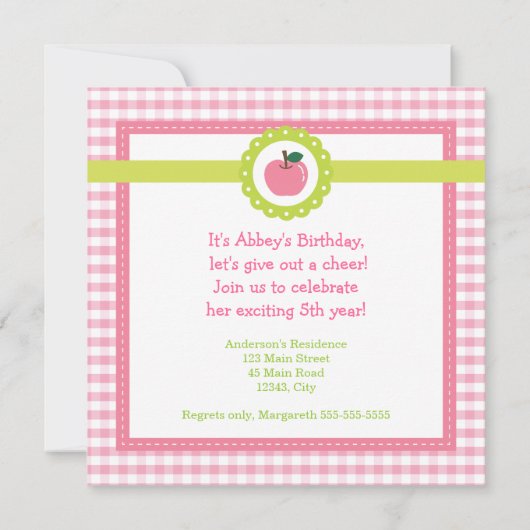 Girly Pink Apple Birthday Party Kaart (Achterkant)