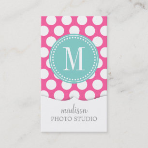 Girly Pink & Aqua Big Polka Dots Monogrammed Visitekaartje