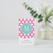 Girly Pink & Aqua Big Polka Dots Monogrammed Visitekaartje (Staand voorkant)