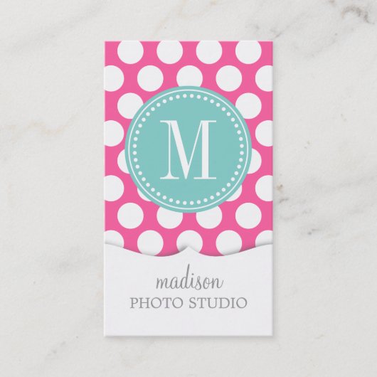 Girly Pink & Aqua Big Polka Dots Monogrammed Visitekaartje (Voorkant)