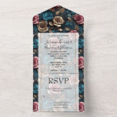 Girly Pink Aqua Champagne Gouden Rozen All In One Uitnodiging (Binnen)