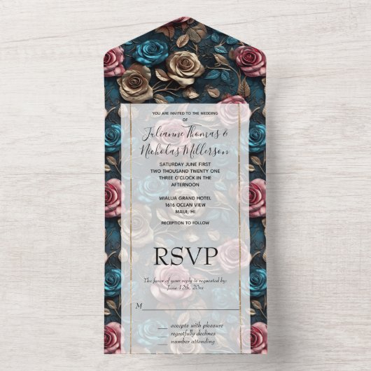 Girly Pink Aqua Champagne Gouden Rozen All In One Uitnodiging (Binnen)