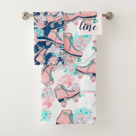 Girly Pink Aqua Roller Schaatsen - Gepersonaliseer Bad Handdoek (Insitu)
