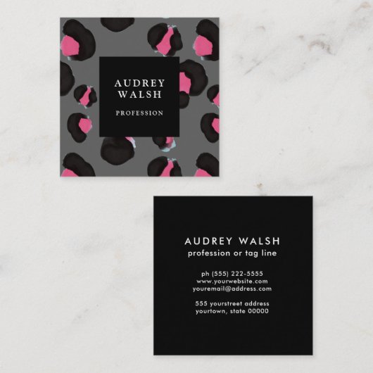 Girly Pink Back Dark Grey Leopard print Vierkante Visitekaartje (Voorkant / Achterkant)