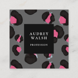 Girly Pink Back Dark Grey Leopard print Vierkante Visitekaartje