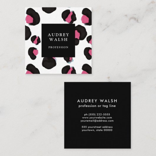 Girly Pink Back White Leopard print Vierkante Visitekaartje (Voorkant / Achterkant)