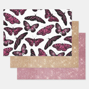 Girly Pink Black Butterflies Waterverf Pattern Inpakpapier Vel