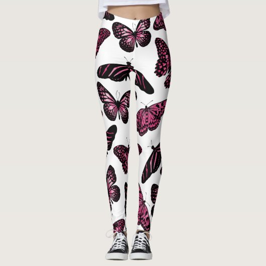 Girly Pink Black Butterflies Waterverf Pattern Leggings (Voorkant)