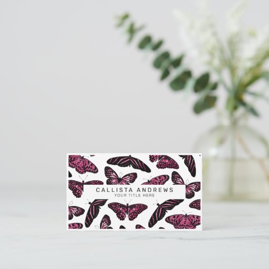 Girly Pink Black Butterflies Waterverf Pattern Visitekaartje (Staand voorkant)
