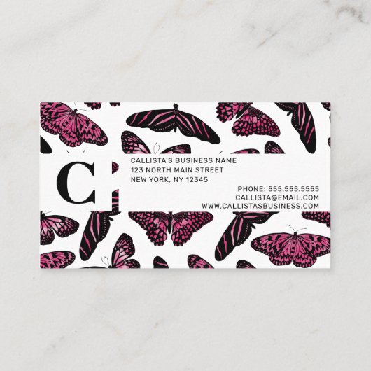 Girly Pink Black Butterflies Waterverf Pattern Visitekaartje (Achterkant)