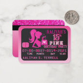 Girly Pink/ Black Credit Kaart Verjaardagsuitnodig Notitiekaartje (Voorkant / Achterkant in situ)