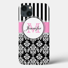 Girly Pink Black Damask Striped Monogrammed Case-Mate iPhone Case