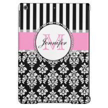 Girly Pink Black Damask Striped Monogrammed