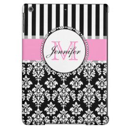 Girly Pink Black Damask Striped Monogrammed Case-Mate iPhone Case