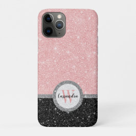 Girly Pink Black Glitter Monogram Naam Case-Mate iPhone Case