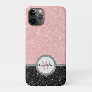 Girly Pink Black Glitter Monogram Naam Case-Mate iPhone Case