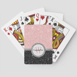 Girly Pink Black Glitter Monogram Naam Pokerkaarten