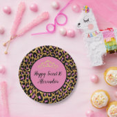 Girly Pink & Black Leopard Gold Glitter Papieren Bordje (Feest)