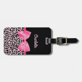 Girly Pink Black Leopard Print Cute Bow and Name Bagagelabel (Voorkant horizontaal)