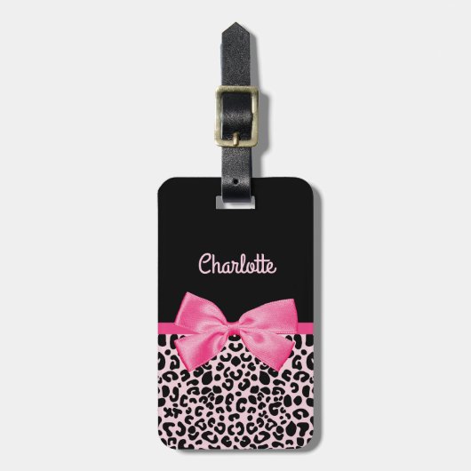Girly Pink Black Leopard Print Cute Bow and Name Bagagelabel (Voorkant verticaal)