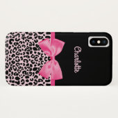 Girly Pink Black Leopard Print Cute Bow and Name Case-Mate iPhone Case (Achterkant (horizontaal))