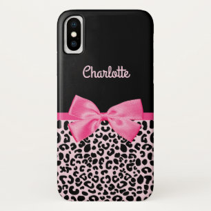 Girly Pink Black Leopard Print Cute Bow and Name iPhone X Hoesje