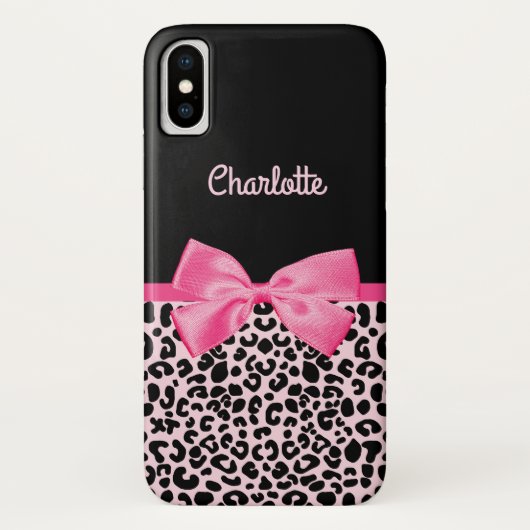 Girly Pink Black Leopard Print Cute Bow and Name Case-Mate iPhone Case (Achterkant)