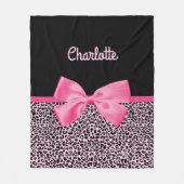 Girly Pink Black Leopard Print Cute Bow and Name Fleece Deken (Voorkant)