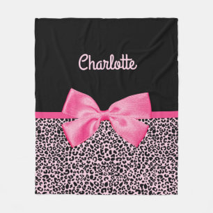 Girly Pink Black Leopard Print Cute Bow and Name Fleece Deken