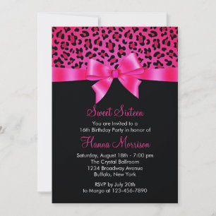 Girly Pink Black Leopard Print Elegant Sweet 16 Kaart